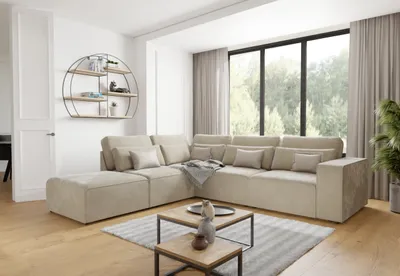 Produktbild von S-STYLE MÖBEL - Margarete - Modulare Ecksofa in Beige Samt-Stoff mit Rücken und Lendenkissen, B/T/H: 305 cm / 281 cm / 90 cm, Ottomane links