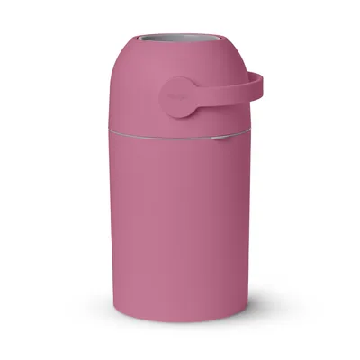 A pink diaper bin with a handle on a white background.