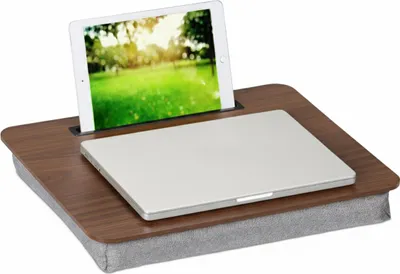 Produktbild von Relaxdays Laptopkissen mit Handyhalter, BxT: 46 x 35 cm, Laptopunterlage für Bett & Sofa, Laptop Knietablett, braun/grau