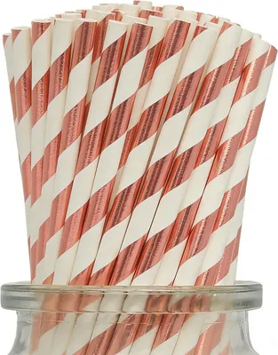 Imagen del producto de Pajitas de papel, color rosa dorado con rayas, 100 unidades, biodegradables, para fiestas