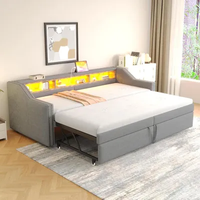 Productafbeelding van Slaapbank met bedlade - Bankbed - Gastenkamer - Uitschuifbaar tot tweepersoons - 90/180 x 200 cm - Lichtgrijs
