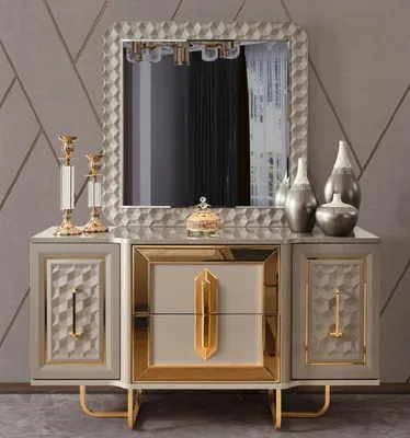 Produktbild von Casa Padrino Luxus Art Deco Schlafzimmer Set Grau / Gold - 1 Luxus Art Deco Schminkkommode & 1 Luxus Art Deco Spiegel - Art Deco Schlafzimmer Möbel - Luxus Schlafzimmer Möbel