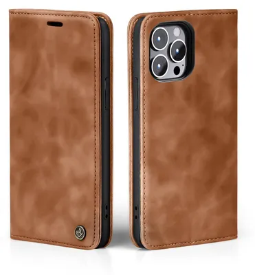 Two views of a brown leather flip phone case for an iPhone 14 Pro.