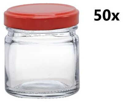A clear glass jar with a red lid is shown against a white background, with the text '50x' to the right.