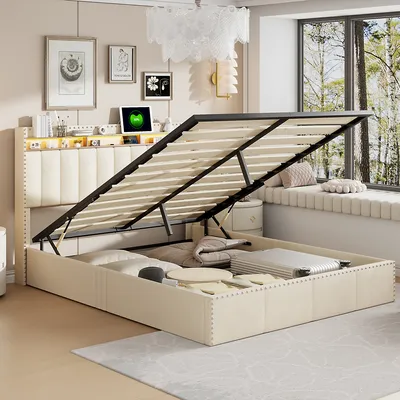 Immagine prodotto di Letto imbottito ProximaX 140x200cm con USB, letto per ragazzi con rete a doghe e vano contenitore, letto contenitore con LED, lino, beige