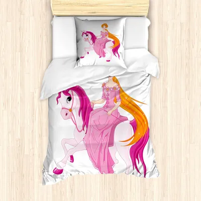 Zdjęcie produktu dla Zestaw pościeli ABAKUHAUS Pony, księżniczka siedząca na koniu z różową grzywą, dziecięca scena z bajki, 135 x 200 cm + 80 x 80 cm, kolor różowy i biały