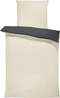 A folded duvet cover and pillowcase set, with a beige outer and an anthracite band across the top.