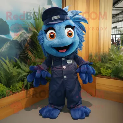 Produktbild von Marineblauer REDBROKOLY Betta-Fisch Maskottchen Kostüm charakter bekleidet mit einer Latzhose und Messenger-Taschen