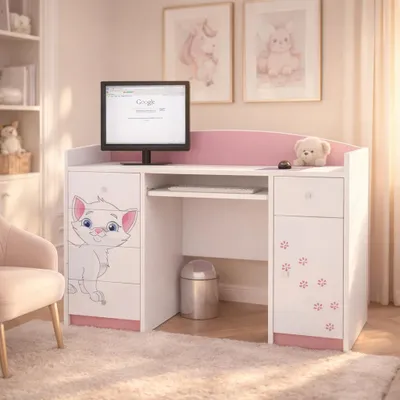 Produktbild von Happy Babies Kinderschreibtisch 125x89x60 PC-Tisch für Kinderzimmer mit Tastaturablage Decorativer Computertisch weiß Rosa Muster Kätzchen