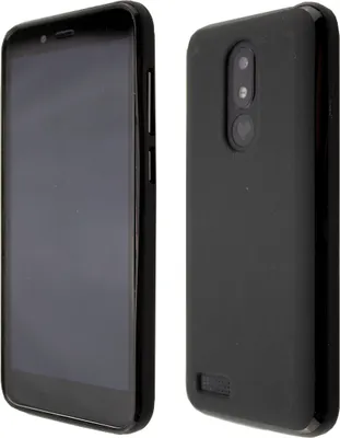 A black smartphone case is shown from two angles, front and back.