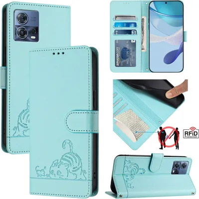 Produktbild von Leder Hülle für Motorola Moto G72 Süße Katze Flip Case Brieftasche Schutzhülle mit Standfunktion hellgrün
