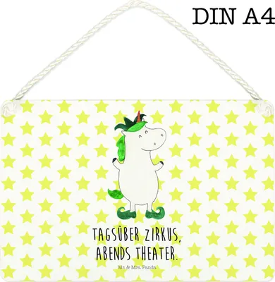 Produktbild von Mr. & Mrs. Panda Holzschild Einhorn Joker DIN A4 - Weiß - Geschenk, holzbild, Mittelalter, Schild, kleine aufmerksamkeit, wandtafel, Unicorn, sprüche, Hofnarr, Kasper