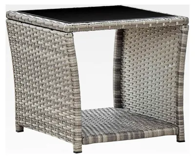 Produktbild von Couchtisch aus Poly Rattan mit Glasplatte, grau-schwarz, 45x45x40 cm, für Garten und Balkon