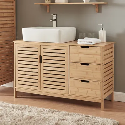 Produktbild von Waschbeckenunterschrank 'Boksereys' mit 2 Türen und 3 Schubladen 60 x 100 x 35 cm Bambus Natur