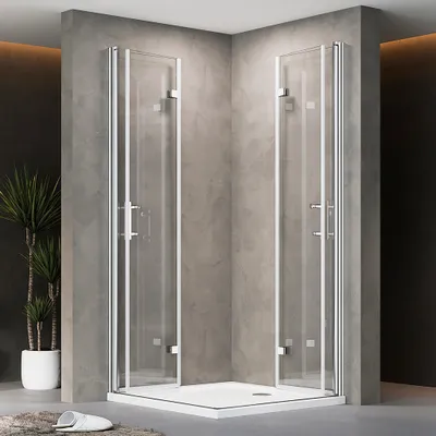 Produktbild von Falttür Duschkabine 90x100x195cm Eckeinstieg Duschabtrennung Doppelt Falttüren Eckdusche Faltbar Duschwand Silber Faltdusche aus ESG-NANO GLAS