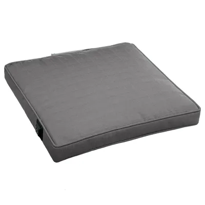A gray outdoor heated seat cushion is shown from a slightly elevated side angle on a white background.