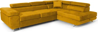 A yellow sectional sofa with a chaise lounge.