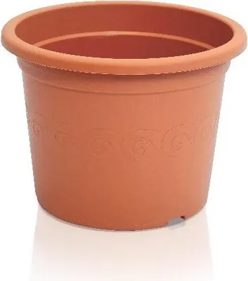 A terracotta-colored plastic plant pot is shown against a white background.