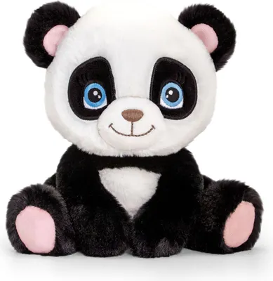 A plush toy panda sitting on a white background.