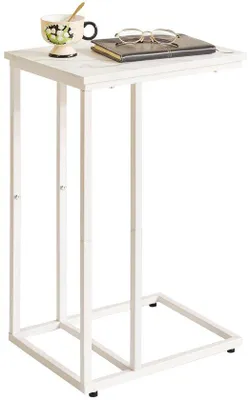 Produktbild von Unyqoos® C-förmiger Beistelltisch – weiße Marmor-Optik, Holzablagen & Stahlrohr‑Metallgestell, Nachttisch/Seitentisch, verstellbare Füße, Tragkraft 22,7 kg