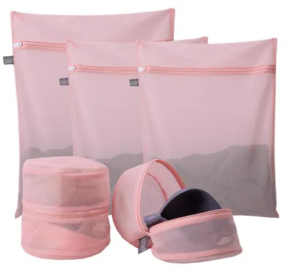 Immagine prodotto di Set di 5 sacchetti per biancheria, rosa, taglie diverse: 1XL, 2L, 2 sacchetti per lavatrice e asciugatrice