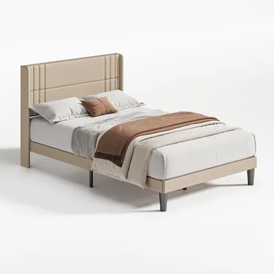 Produktbild von BEALIFE Polsterbett 140x200 cm mit Lattenrost & Leinen-Kopfteil | Geräuscharmes Doppelbett in Beige/Dunkelgrau | BF45