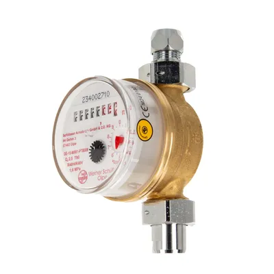 Produktbild von Waschtischzähler Einstrahlzähler ETW (Warmwasser) bis 90 Grad, Länge 80 mm, 3/4 Zoll AG, inkl. Verschraubungen