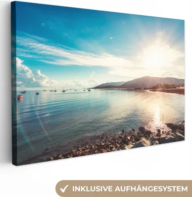 Produktbild von OneMillionCanvasses® - Leinwandbilder - 150x100 cm, Meer - Boot - Berg, Wandbilder Kunstdruck Wanddekoration