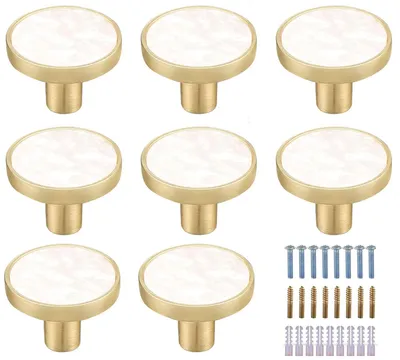 Produktbild von 8 Schrankknöpfe aus Messing und Marmor, dekorative weiße runde Schubladengriffe, Schrankknöpfe, goldene Knöpfe, Küchenaccessoires (8, Stil A)