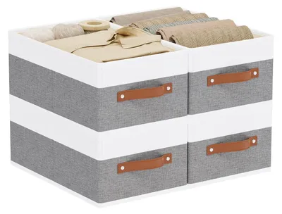 Image de Boîtes de rangement grandes - Lot de 4 boîtes de rangement - Pliables - Avec poignées - Blanc/gris - 41 x 25 x 16,5 cm