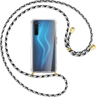 Produktbild von Handykette Backcover-Schutzhülle mit Band (Metall goldfarben) für Realme 6 Pro - schwarz/grau/weiß
