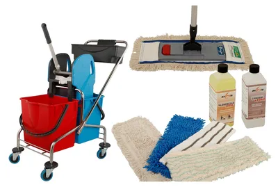 Produktbild von Axis Line Wischmop Komplettset mit Doppelfahrwagen Reinigungswagen 17 Liter Chrom und Ersatzmöppe und 2 x Profi Reinigungsmittel 50cm breite