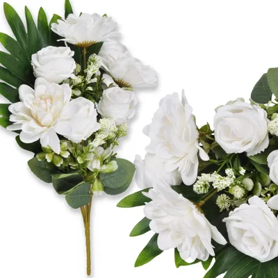 Produktbild von Kunstblumenstrauß Rosen Dahlien Kunstblumen Bukett Weiß 45 cm 7 Stiele Vase Grabdeko Deko Blumen