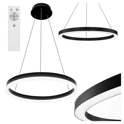 A collage of images showing a modern black pendant light with a circular design, a remote control, and close-up views of the light's construction.