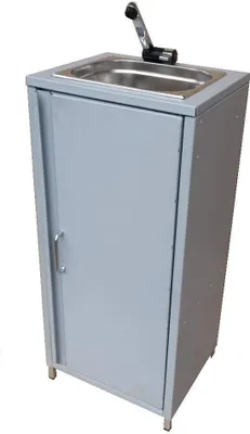 A mobile sink unit with a faucet and a cabinet below, shown against a white background.