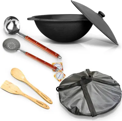 Produktbild von Kazan Gusseisen Uzbekische 6L Abdeckung WOK Kasan Schaumlöffel Asia Kochtopf