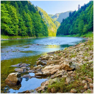 Produktbild von Wallario Premium Glasbild, freischwebende Optik, kräftige Farben, Größe 30 x 30 cm Motiv Fluss in den Bergen an steinigem Ufer