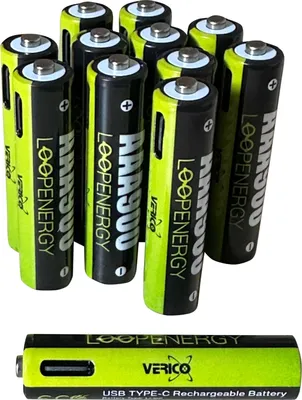 A group of VERICO Loop Energy AAA batteries and one individual battery shown on a white background.