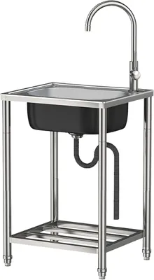Produktbild von Edelstahl Multifunktionswaschtisch, Spültisch mit 360° Wasserhahn für Outdoor und Camping, Edelstahlspüle zur Erweiterung der Outdoorküche,Waschküche,Garage(50x40x82cm)