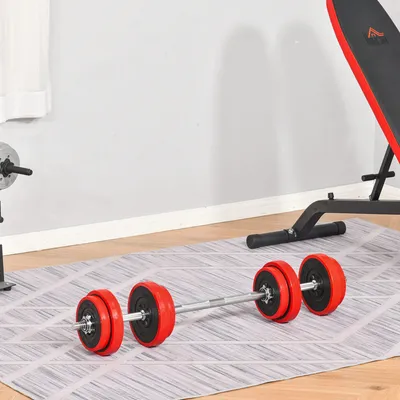 Produktbild von Hantelset 2-in-1 verstellbar 20 kg, Kurzhantel Langhantel, Eisensand PP-Kunststoff, Rot/Schwarz | 4 Gewichtsstufen | weicher Griff | bodenschonend
