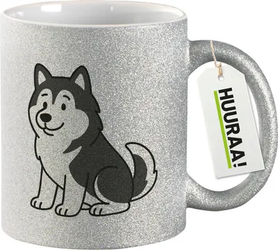 Produktbild von Huuraa Glitzertasse Alaskan Malamute Comic Mali 330ml Silber Keramik Kaffeebecher Geschenkidee