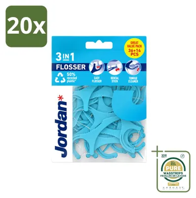 Productafbeelding van 20 x Jordan 3-in-1 tandenstokers - Tandenreinigers, tandenstokers en tongschrapers - Voordeelverpakking - 20 stuks