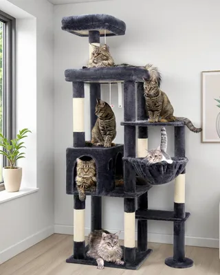 Image de Arbre à chat gris foncé, 167 cm de hauteur, avec une grande plateforme, une maison pour chat, un panier et un jouet en peluche