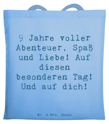 Produktbild von Mr. & Mrs. Panda canvas tasche Spruch 9. Geburtstag Abenteuer - Sky Blue - Geschenk, Spaß, dokumententasche, Geburtstagsparty, Freude, Büchertasche, 9 Jahre, Alter