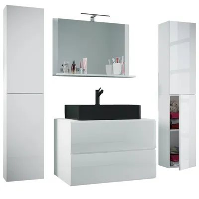 Image de Lavabo 5 pièces | Armoire lavabo noire largeur 60 cm | Ensemble de meubles de salle de bain avec tiroirs portes tournantes miroir | Lendas S BL
