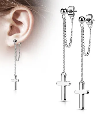 Produktbild von Kreuz Ohrstecker hängend: Edelstahl Ohrhänger mit Kette Silber