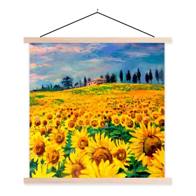 Produktbild von MuchoWow® Textilposter Ölfarbe - Gemälde - Blumen - Sonnenblume 120x120 cm mit holzfarbenen Rahmen - Textil-Poster