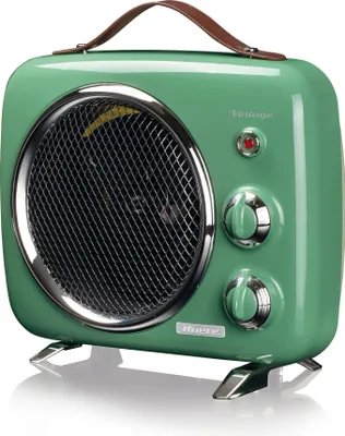 A vintage-style green electric heater with a brown leather handle and chrome accents, shown on a white background.