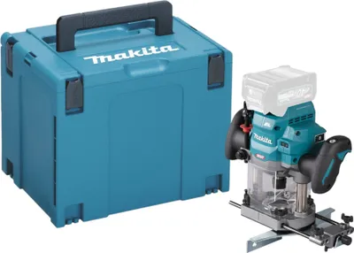 A teal Makita cordless router and its storage case are displayed against a white background.