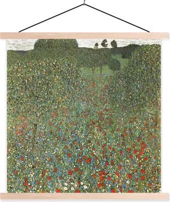 Produktbild von MuchoWow® Textilposter Mohnfeld - Gustav Klimt 60x60 cm mit holzfarbenen Rahmen - Wanddekoration